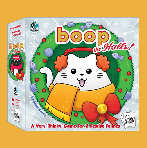 The game 'Boop the Halls!' by SMIRK & DAGGER, featuring a cute cartoon cat wearing a colorful scarf and a festive hat, set against a cheerful holiday-themed background. The box includes playful graphics of ornaments and a description stating it is a very thinky game for two players, suitable for the festive season.