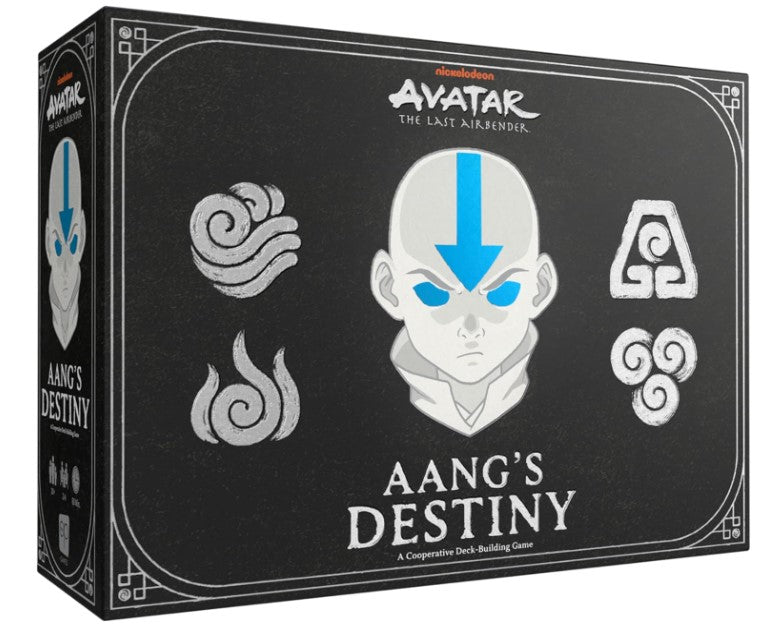 Avatar Deck Builder: Aang's Destiny game box featuring Aang's face with iconic symbols representing the four elements. The design is inspired by Nickelodeon's Avatar: The Last Airbender.