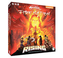 Avatar: The Last Airbender Fire Nation Rising board game by USAopoly. The box features vibrant artwork depicting characters from the series in a dramatic battle scene, with fiery elements and airships, emphasizing a cooperative gameplay experience to restore balance to the world.