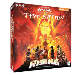 Avatar: The Last Airbender Fire Nation Rising board game by USAopoly. The box features vibrant artwork depicting characters from the series in a dramatic battle scene, with fiery elements and airships, emphasizing a cooperative gameplay experience to restore balance to the world.