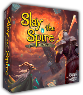 Slay the Spire: The Board Game box featuring fantasy art, depicting two characters, one with a skull mask and the other in armor, set against a vibrant background with a towering spire. The game promises strategic gameplay and cooperative fun for players.