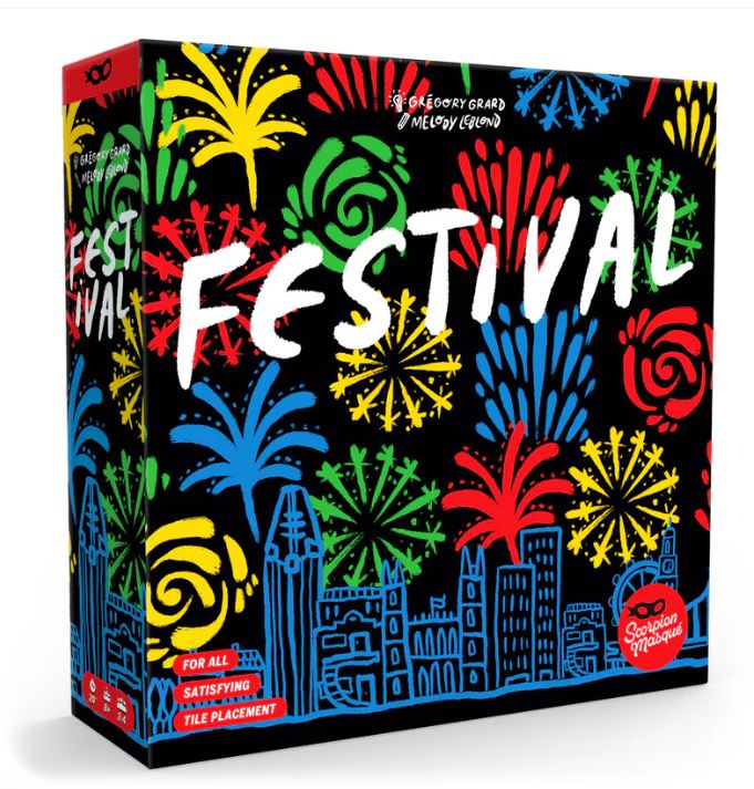 The game 'Festival' by Scorpion Masque features a colorful box design with vibrant fireworks and floral patterns against a dark background. It highlights the title 'FESTIVAL' prominently in white. The box includes text indicating it is suitable for all and promotes satisfying tile placement.