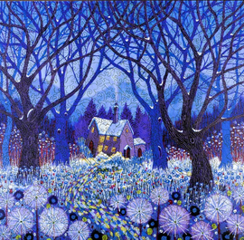 A beautiful winter scene jigsaw puzzle titled 'Winterlands' by Liberty Puzzles. The image features a cozy cottage surrounded by snow-covered trees and a pathway lined with colorful flowers under a twilight sky.