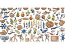 A vibrant, intricately designed jigsaw puzzle titled 'Hanukkah Evening' featuring various themed pieces such as menorahs, candles, dreidels, and festive foods, all crafted from wood and embellished with colorful patterns, ideal for family gatherings during the holiday season.