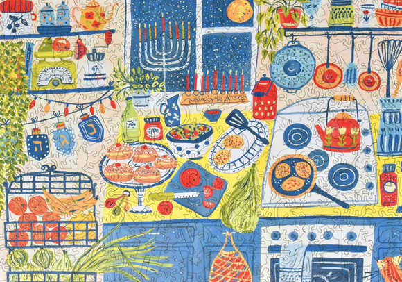 A colorful jigsaw puzzle titled 'Hanukkah Evening' by Liberty Puzzles, depicting a cozy kitchen scene filled with festive decorations, a menorah with lit candles, traditional foods like latkes and sufganiyot on a table, and a warm atmosphere created by the arrangement of kitchenware and window view with a starry night.