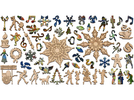 A colorful layout of the 'Christmas Market' jigsaw puzzle pieces by Liberty Puzzles, featuring winter-themed shapes like snowflakes, festive decorations, and playful characters, showcasing an intricate design perfect for holiday enthusiasts.