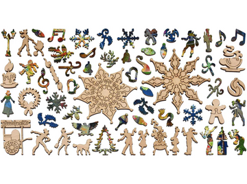 A colorful layout of the 'Christmas Market' jigsaw puzzle pieces by Liberty Puzzles, featuring winter-themed shapes like snowflakes, festive decorations, and playful characters, showcasing an intricate design perfect for holiday enthusiasts.