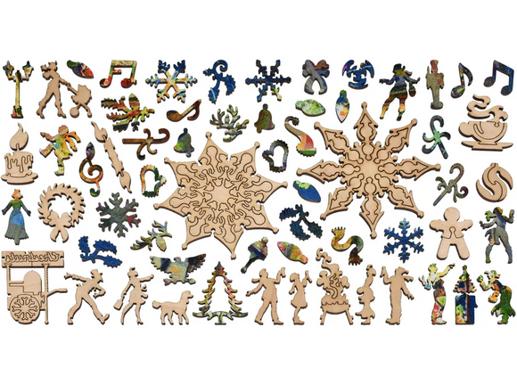 A colorful layout of the 'Christmas Market' jigsaw puzzle pieces by Liberty Puzzles, featuring winter-themed shapes like snowflakes, festive decorations, and playful characters, showcasing an intricate design perfect for holiday enthusiasts.