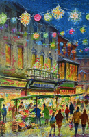 A vibrant jigsaw puzzle image depicting a festive Christmas market scene filled with colorful lights, decorations, and people enjoying the evening. The architecture features charming buildings adorned with balconies and festive garlands, while market stalls showcase flowers and holiday goods, creating a warm, inviting atmosphere.