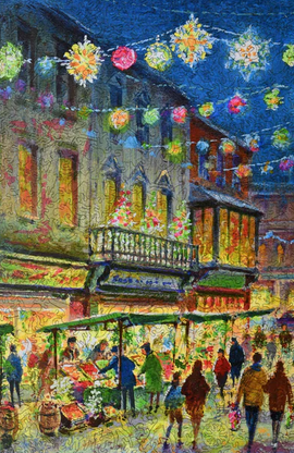 A vibrant jigsaw puzzle image depicting a festive Christmas market scene filled with colorful lights, decorations, and people enjoying the evening. The architecture features charming buildings adorned with balconies and festive garlands, while market stalls showcase flowers and holiday goods, creating a warm, inviting atmosphere.