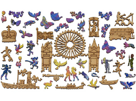 A vibrant jigsaw puzzle titled 'Sunset: Pool of London' by Liberty Puzzles featuring intricately cut wooden pieces. The design includes iconic London landmarks, dancers, birds, and whimsical motifs in a colorful sunset palette, showcasing the charm of the city.