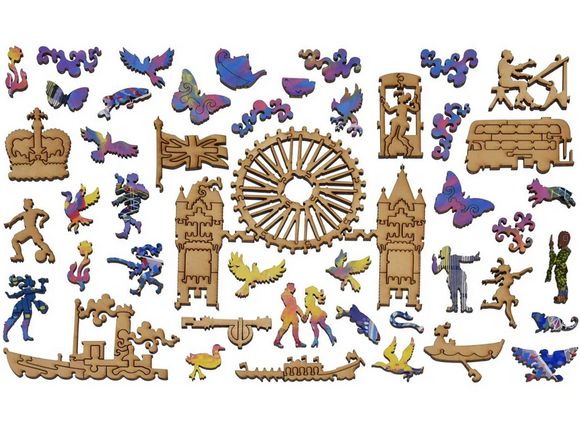 A vibrant jigsaw puzzle titled 'Sunset: Pool of London' by Liberty Puzzles featuring intricately cut wooden pieces. The design includes iconic London landmarks, dancers, birds, and whimsical motifs in a colorful sunset palette, showcasing the charm of the city.