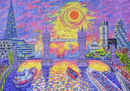 Colorful jigsaw puzzle depicting the iconic London skyline at sunset, featuring Tower Bridge, vibrant buildings, boats on the Thames, and a radiant sun. The intricate pieces create a lively scene with shades of purple, pink, and yellow.