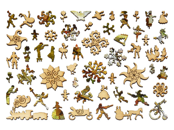 The Room of Flowers jigsaw puzzle by Liberty Puzzles featuring an assortment of intricately-shaped wooden pieces. The design includes whimsical characters, animals, and decorative motifs, making it an engaging challenge for puzzle enthusiasts of all ages. The vibrant colors and unique shapes enhance the visual appeal, inviting creativity and fun.