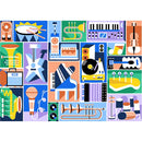 A colorful and vibrant jigsaw puzzle titled 'Chromatic' by HOLiyay, featuring an array of musical instruments such as a saxophone, guitar, piano, and various audio equipment, all presented in a modern and artistic collage style.