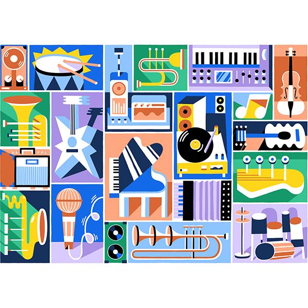 A colorful and vibrant jigsaw puzzle titled 'Chromatic' by HOLiyay, featuring an array of musical instruments such as a saxophone, guitar, piano, and various audio equipment, all presented in a modern and artistic collage style.