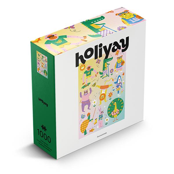 Festivanimals jigsaw puzzle by HOLiyay featuring vibrant illustrations of playful animals and whimsical characters. The packaging displays colorful artwork and contains 1000 pieces for a fun and engaging puzzle experience.