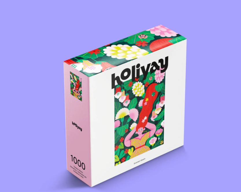 The 'Summer Dream' jigsaw puzzle from HOLiyay features a colorful and whimsical design with a central figure surrounded by an array of flowers and greenery. The box is predominantly white with vibrant artwork showcasing a playful summer theme, perfect for puzzle enthusiasts. The packaging indicates it contains 1000 pieces, suitable for both casual and dedicated puzzlers.