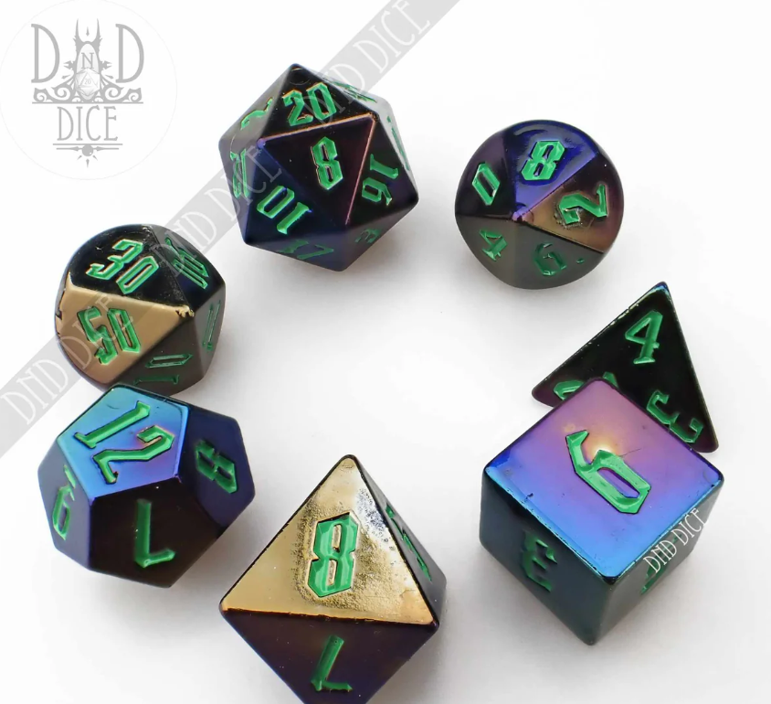 A colorful 7-piece RPG dice set showcasing various polyhedral shapes including d4, d6, d8, d10, d12, d20, and d30. The dice feature an extraterrestrial theme with iridescent finishes and green numbers, perfect for tabletop gaming. The DND Dice logo is subtly displayed.