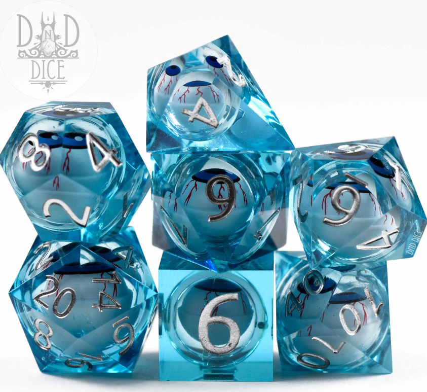 Private Eyes Liquid Core 7-piece polyhedral dice set from DND Dice, featuring translucent blue designs with silver numbers and intricate detailing. Perfect for tabletop gaming enthusiasts.