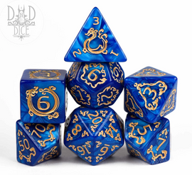 Nature Sprite: Water 7-piece RPG dice set displayed in vibrant blue with gold engravings. Includes a D4, D6, D8, D10, D12, D20, and a D00 die, perfect for tabletop gaming.
