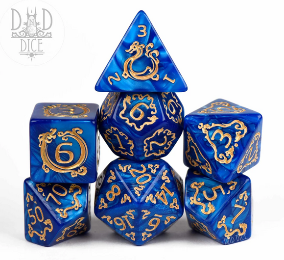 Nature Sprite: Water 7-piece RPG dice set displayed in vibrant blue with gold engravings. Includes a D4, D6, D8, D10, D12, D20, and a D00 die, perfect for tabletop gaming.