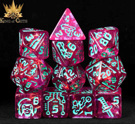 A vibrant 11-piece RPG dice set featuring a unique cyberpunk design. The dice are translucent pink with glowing turquoise engravings, showcasing a variety of symbols and numbers, perfect for tabletop gaming enthusiasts. The set includes polyhedral dice commonly used in RPGs, stacked in an artistic arrangement against a black backdrop, emphasizing the intricate details and colors.