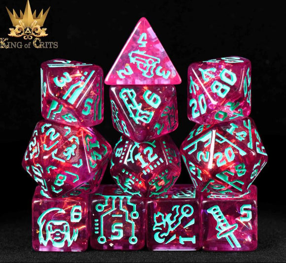 A vibrant 11-piece RPG dice set featuring a unique cyberpunk design. The dice are translucent pink with glowing turquoise engravings, showcasing a variety of symbols and numbers, perfect for tabletop gaming enthusiasts. The set includes polyhedral dice commonly used in RPGs, stacked in an artistic arrangement against a black backdrop, emphasizing the intricate details and colors.
