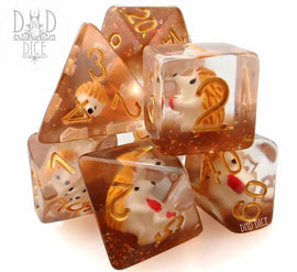 A set of seven beautifully crafted RPG dice from DND Dice, featuring a charming hedgehog design encased in transparent resin with a warm, amber color. The dice include a mix of geometric shapes such as d4, d6, d8, d10, d12, and d20, each showcasing intricate golden numbers against a sparkly backdrop. Perfect for tabletop gaming enthusiasts and collectors alike.