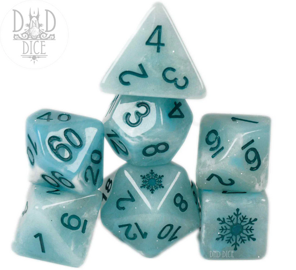 A set of seven spearmint-colored RPG dice, featuring various shapes including d20, d12, d10, and d6. The dice are transparent with icy blue hues and dark turquoise numbers, embellished with snowflake designs on some faces. Perfect for tabletop games and role-playing adventures.