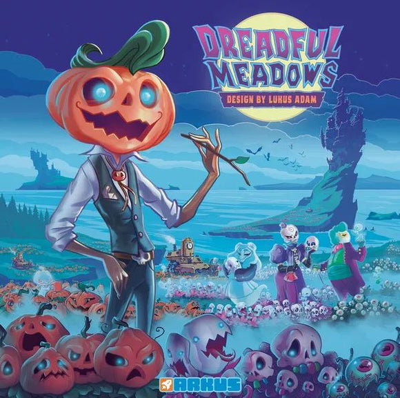 The cover art for 'Dreadful Meadows' by Arkus Games, featuring a whimsical character with a pumpkin head dressed in formal clothes, set against a spooky landscape filled with spectral figures and eerie pumpkins under a full moon.