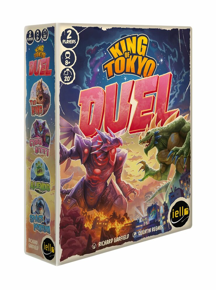 Image of the game 'King of Tokyo Duel' by Iello, featuring vibrant artwork of monsters battling in a cityscape. The box highlights two-player gameplay, and characters such as The King, Cyber Witty, Alienoid, and Space Penguin. Designed by Richard Garfield and Quentin Regnes, suitable for ages 8 and up, with a playtime of approximately 20 minutes.