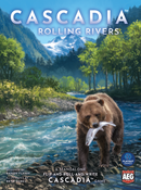 Cascadia: Rolling Rivers game box featuring a majestic bear catching a fish in a flowing river, surrounded by a lush landscape of trees and mountains. The artwork highlights the natural beauty and wildlife of the Pacific Northwest, showcasing a vibrant and tranquil setting. The title is prominently displayed, emphasizing its themes of nature and exploration.