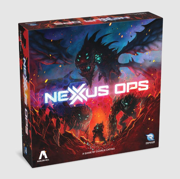 Nexus Ops board game by Renegade Game Studios featuring vibrant artwork with a warrior facing off against monstrous creatures in a sci-fi setting. The box showcases bright colors and intricate designs, perfect for strategic game nights.