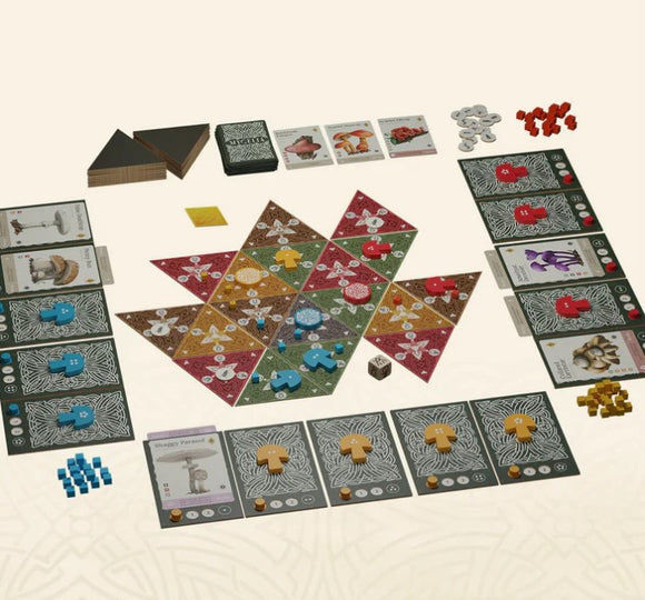 A colorful setup of 'Mycelia - The Strategic Mushroom Game' by Burnt Island Games. The game features vibrant game boards shaped like mushrooms, player pieces in blue, red, and yellow, and various action cards. The arrangement includes resource tokens and dice, providing a strategic and engaging play experience for 2 to 4 players.