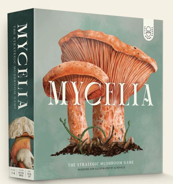 Mycelia - The Strategic Mushroom Game by Burnt Island Games features a beautifully illustrated box showcasing realistic mushrooms against a soft green background. The title 'MYCELIA' is prominently displayed in bold white letters, highlighting the game's strategic elements and inviting players to explore the fascinating world of mushrooms.
