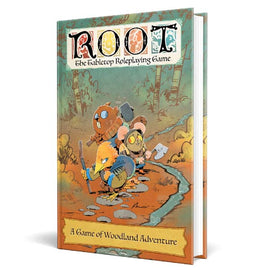 Root RPG Core Book by Leder Games features enchanting artwork of animal characters, set in a fantastical woodland landscape, inviting players into a world of adventure and role-playing. The book displays the title 'Root' prominently at the top, with a subtitle 'The Tabletop Roleplaying Game' underneath, and 'A Game of Woodland Adventure' at the bottom.