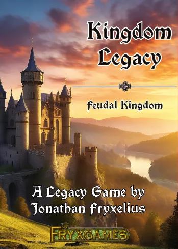 The cover image of the board game 'Kingdom Legacy' by Leder Games showcases a beautifully illustrated medieval castle set against a vibrant sunset. The title 'Kingdom Legacy' prominently features at the top, with the subtitle 'feudal Kingdom' beneath it. The game's creator, Jonathan Fryxelius, is noted at the bottom, along with the logo of Fryxgames.