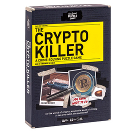 The Crypto Killer is a crime-solving puzzle game from Professor Puzzle, featuring a crime scene graphic on the box. It has elements depicting digital currency and clues to unravel the mystery.