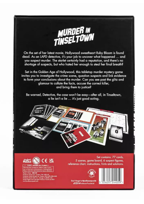 Murder in Tinseltown board game by Professor Puzzle, featuring a captivating crime scene investigation theme. The box includes 77 cards, a game board, 5 scenes, 6 suspect figures, and instructions for solving the mystery of the Hollywood starlet's murder.