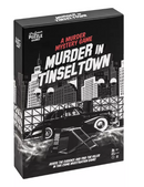 Murder in Tinseltown, a murder mystery game by Professor Puzzle. The game box features a vintage black and white design with a classic car and city skyline, inviting players to solve a thrilling crime investigation.