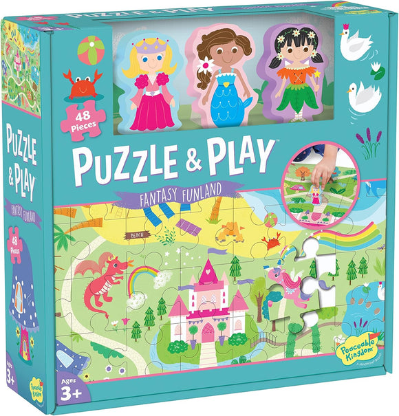 A colorful jigsaw puzzle titled 'Puzzle & Play Fantasy Funland' featuring 48 pieces. The imagery includes whimsical characters such as princesses and mermaids, a rainbow, a castle, and various fantasy elements, inviting imaginative play for children ages 3 and up. The box shows a hand placing a piece within the vibrant landscape of the puzzle, emphasizing fun and educational play.