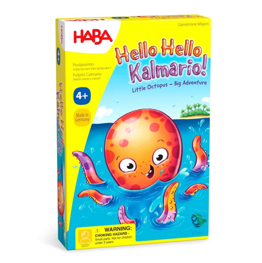 The 'Hello Hello Kalmario!' game by HABA features a cheerful octopus character on the packaging. The colorful box showcases a playful underwater scene and includes a warning about choking hazards for young children.