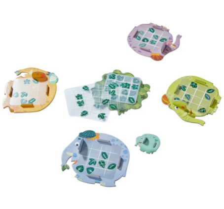 A colorful game set titled 'Eager Elephants' by Haba featuring various playful animal shapes and tiles. Includes elephants, turtles, and lily pads designed for fun gameplay. The pieces are made of durable materials with vibrant colors, promoting interactive learning and creativity.