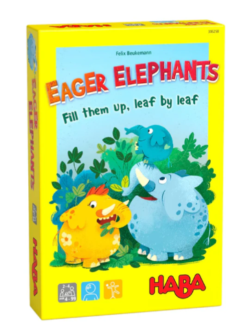 Colorful box of the Eager Elephants game by Haba featuring cartoon elephants and a bird surrounded by greenery. The design is playful and vibrant, appealing to children. The text on the box reads 'Eager Elephants' and 'Fill them up, leaf by leaf'.