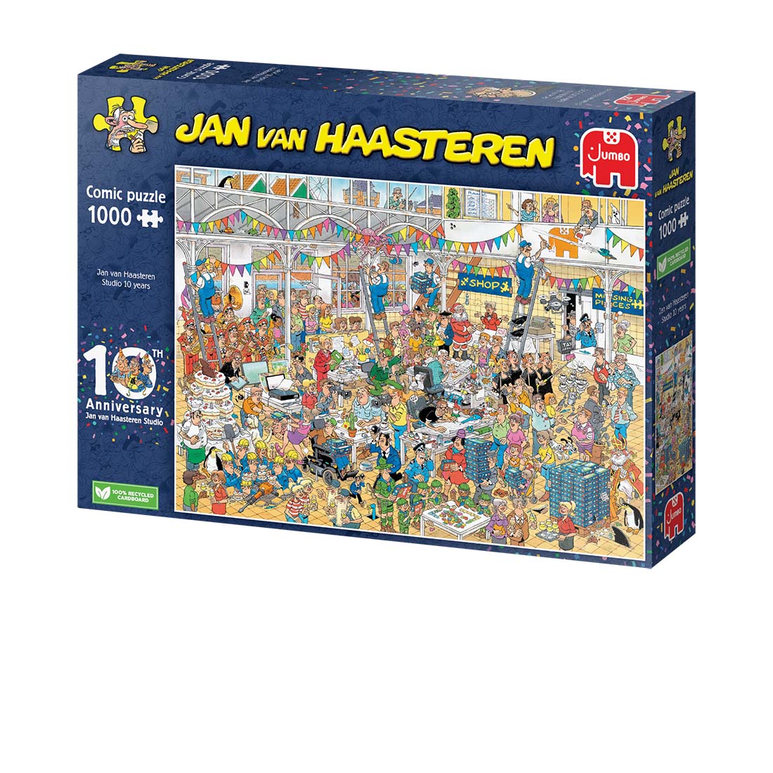 10 Years JvH Studio Jigsaw Puzzle by Jumbo featuring a colorful, detailed comic scene filled with various characters and festive decorations, celebrating the studio's anniversary. This 1000-piece puzzle promises hours of fun and engagement for puzzle enthusiasts.