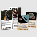 An assortment of illustrated cards from the Arcs: Leaders & Lore Pack by Leder Games, featuring detailed artwork and diverse characters such as a Corsair and an Archivist, along with strategic game instructions and lore texts.