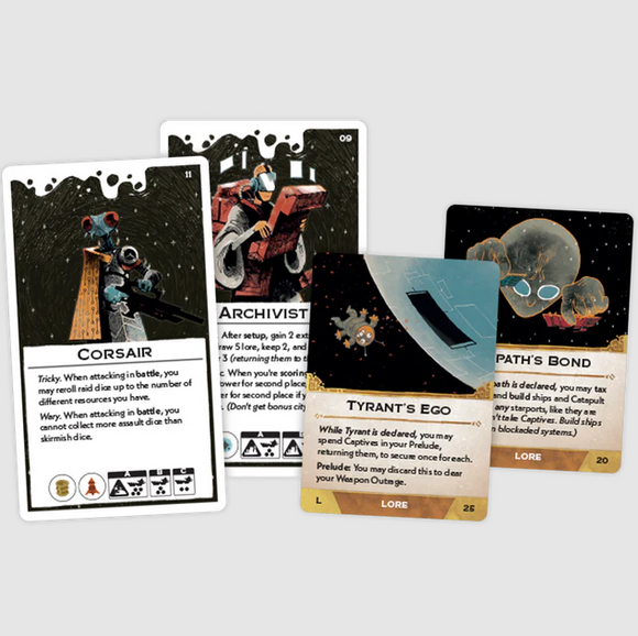 An assortment of illustrated cards from the Arcs: Leaders & Lore Pack by Leder Games, featuring detailed artwork and diverse characters such as a Corsair and an Archivist, along with strategic game instructions and lore texts.