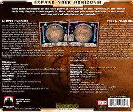 Terraforming Mars: Utopia & Ci board game from Stronghold Games. Features detailed maps showing Utopia Planitia and Terra Cimmeria regions on Mars, highlighting gameplay elements like milestones, resource production, and special rules. Ideal for strategy board game enthusiasts aged 14 and up.