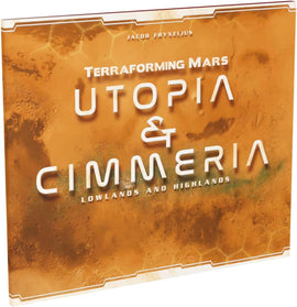 Terraforming Mars: Utopia & Cimmeria game box, featuring a striking orange and gold design with the title prominently displayed. The subtitle, 'Lowlands and Highlands,' indicates additional content for the game. Ideal for strategy game enthusiasts.
